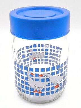 1L - 1982 Carlton Glass Country Geese / Blue Checkered Grid Canister Jar